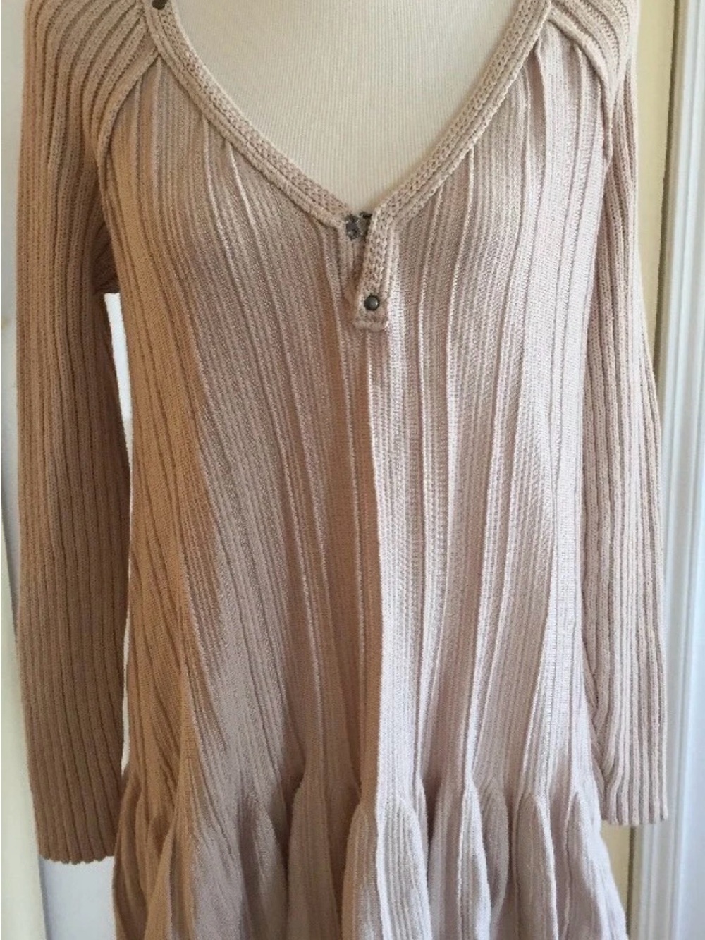 Free People Women’s Long Ribbed V-Neck Sweater Dress in Light Beige